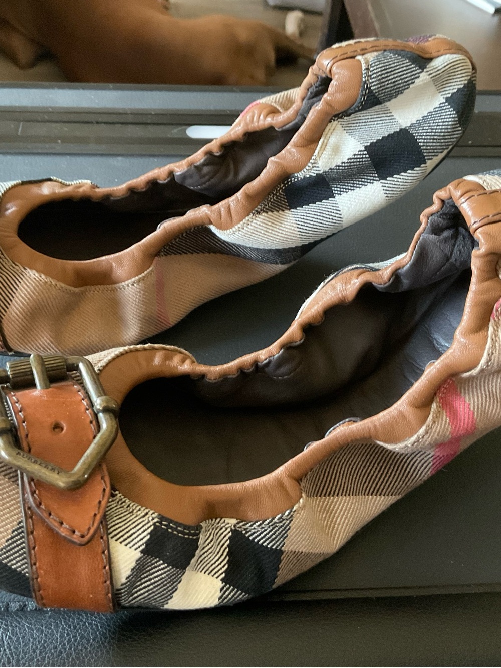 Burberry Beige & Tan Check Leather Buckle Ballet Flats - Picture 2 of 5